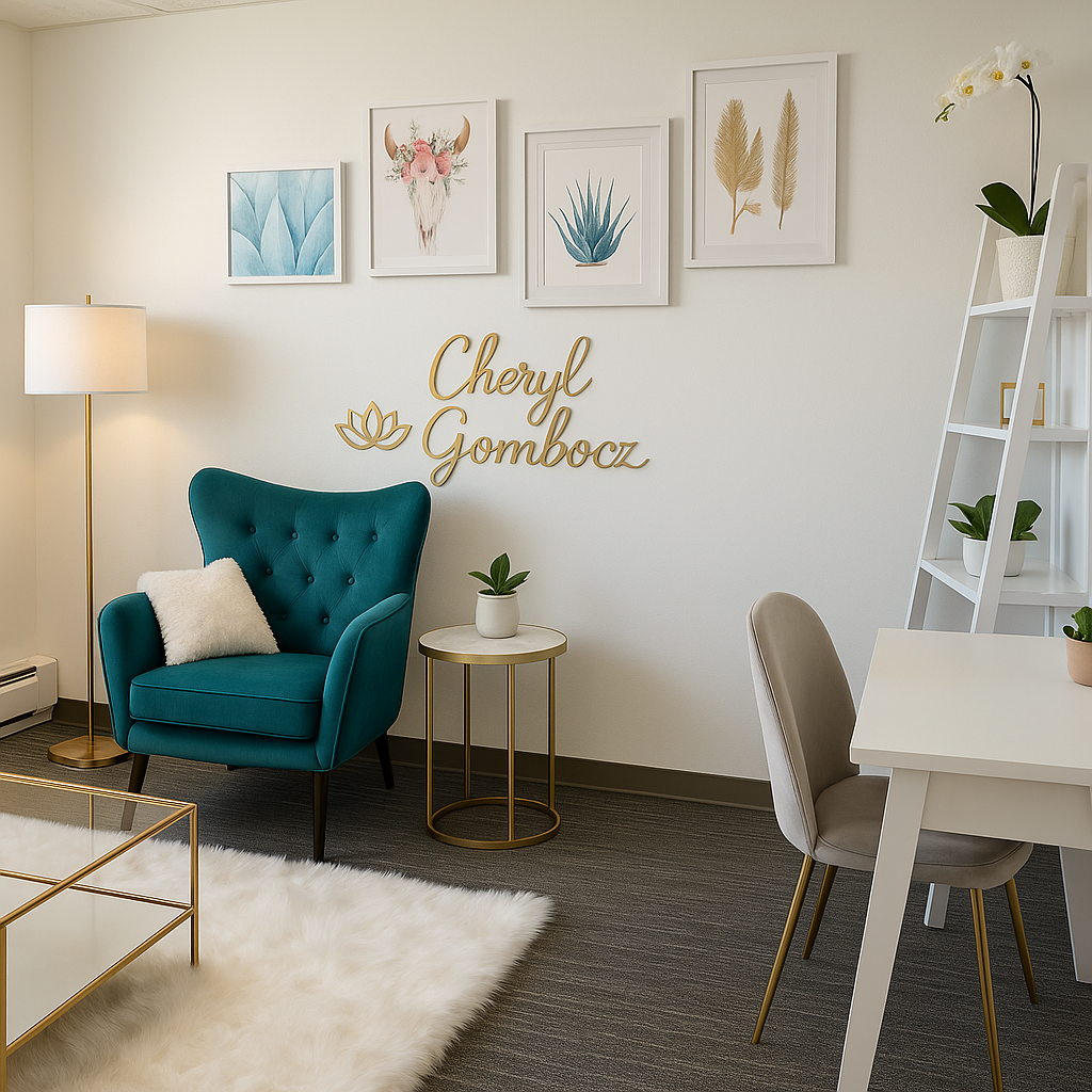 Cheryl Gombocz therapy office with teal chair and gold wall branding